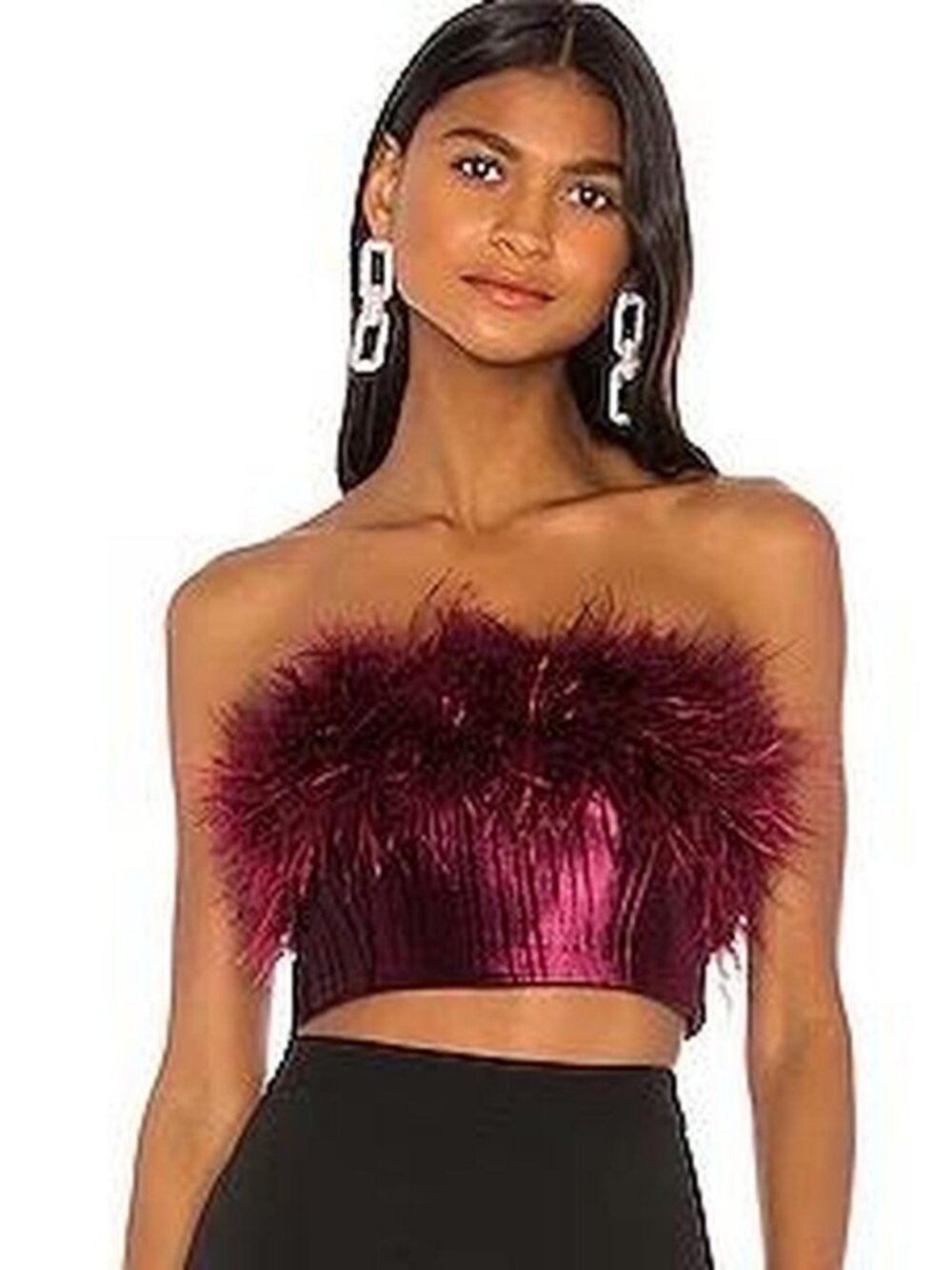 NBD burgundy feathered velvet strapless bandeau top